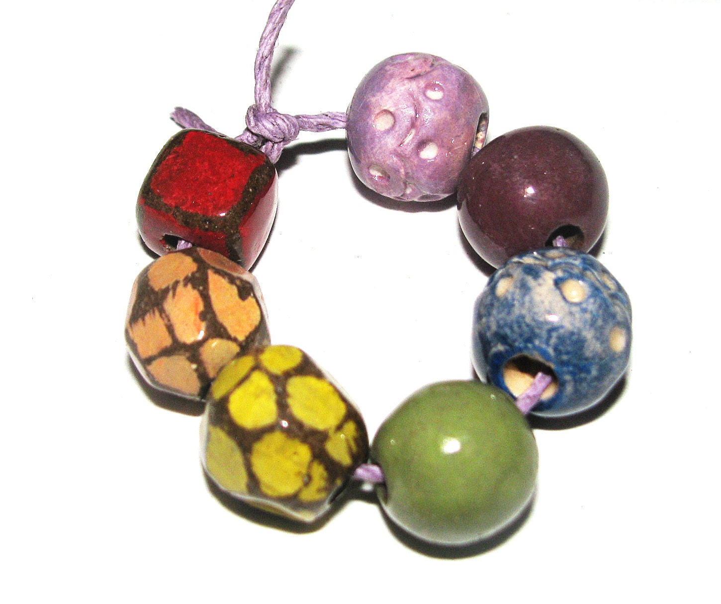 7 x Handmade Ceramic Stoneware Bead Set Rainbow Textured