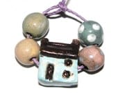 5 x Handmade Ceramic Stoneware Beads Set Cottage House Bead Blue Turquoise Beige