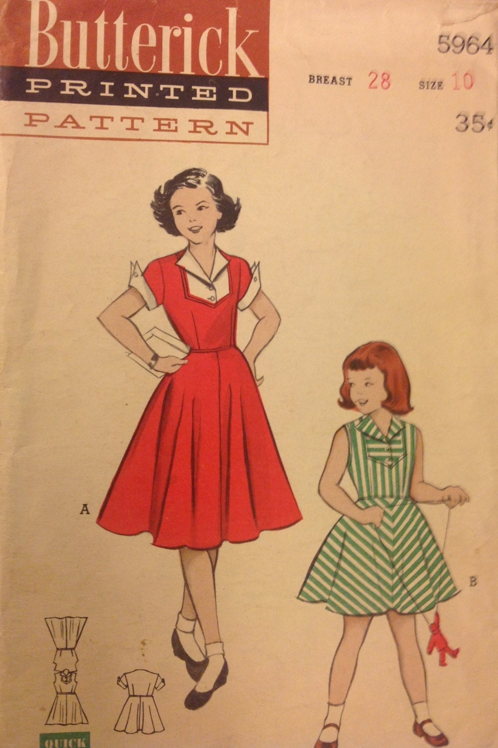 Butterick 5964 sewing pattern Vintage girls Fabulous dress pattern 1950s Size 10  / chest 28 inches four gore skirt dress