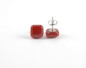 Dark red square stud post earrings, fused glass with surgical steel earring posts, maroon