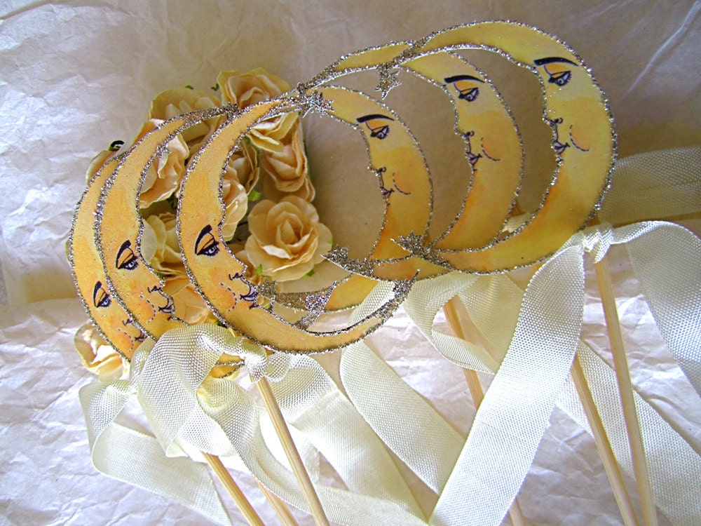 Crescent Moon Wedding Decor - Set Of 6 - Outlined in Silver Glitter