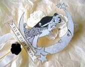 Luminescent Moon Wedding Cake Topper - Crescent Moon - Vintage Inspired Bride And Groom - Outlined in Silver Glitter