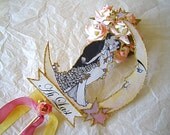 Custom Painted Wedding Cake Topper - Vintage Inspired Bride And Groom - Outlined in Gold Glitter