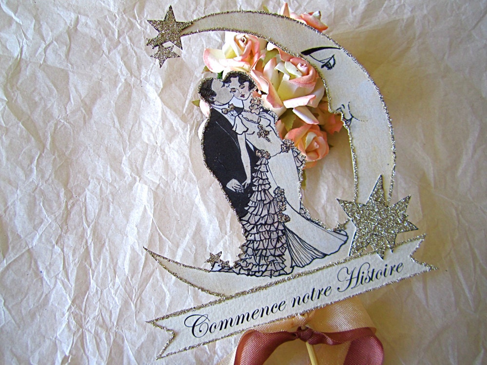 Items similar to Hand Painted Crescent Moon Cake Topper Vintage