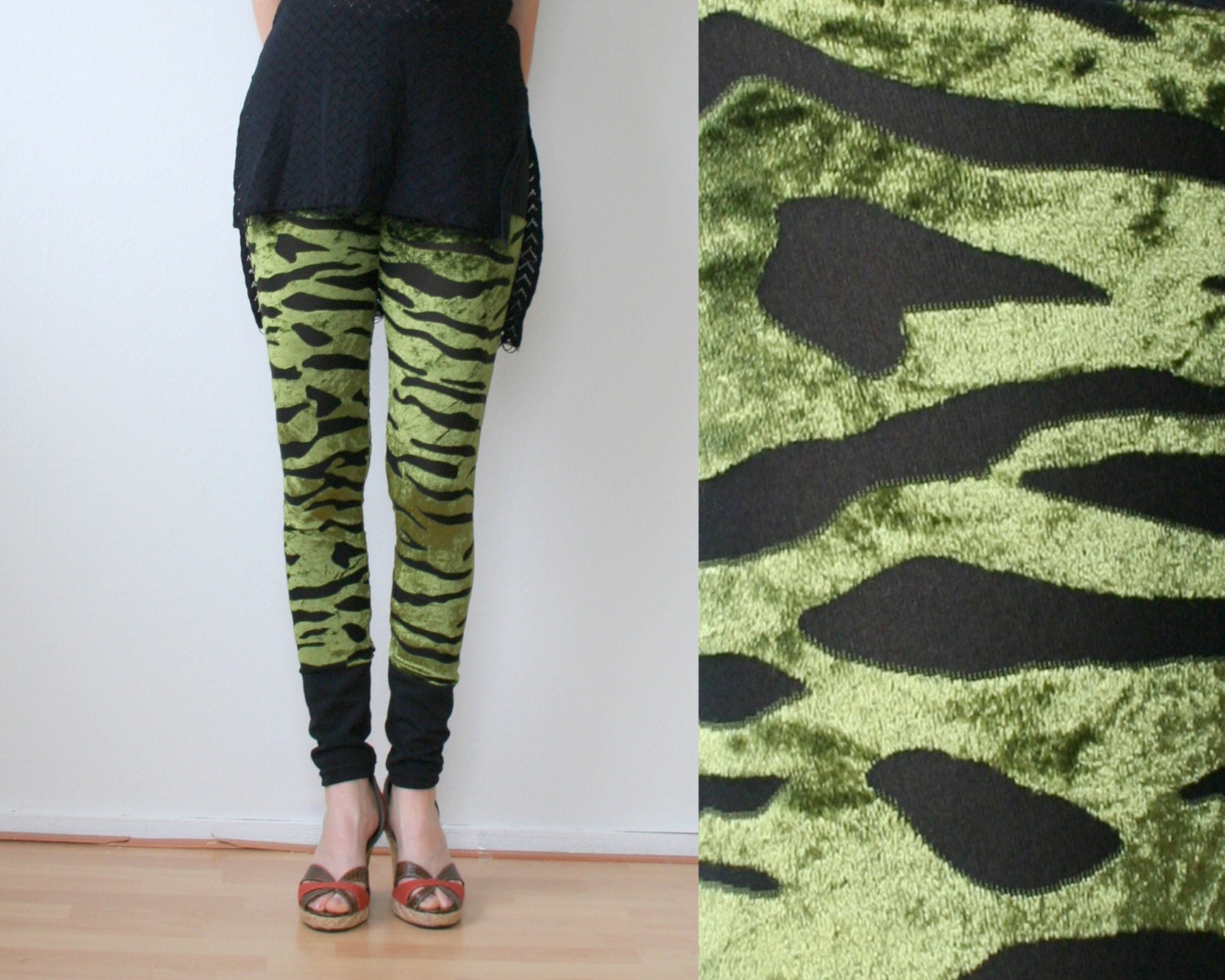 Velvet and mesh leggings in black and green animal pattern lycra