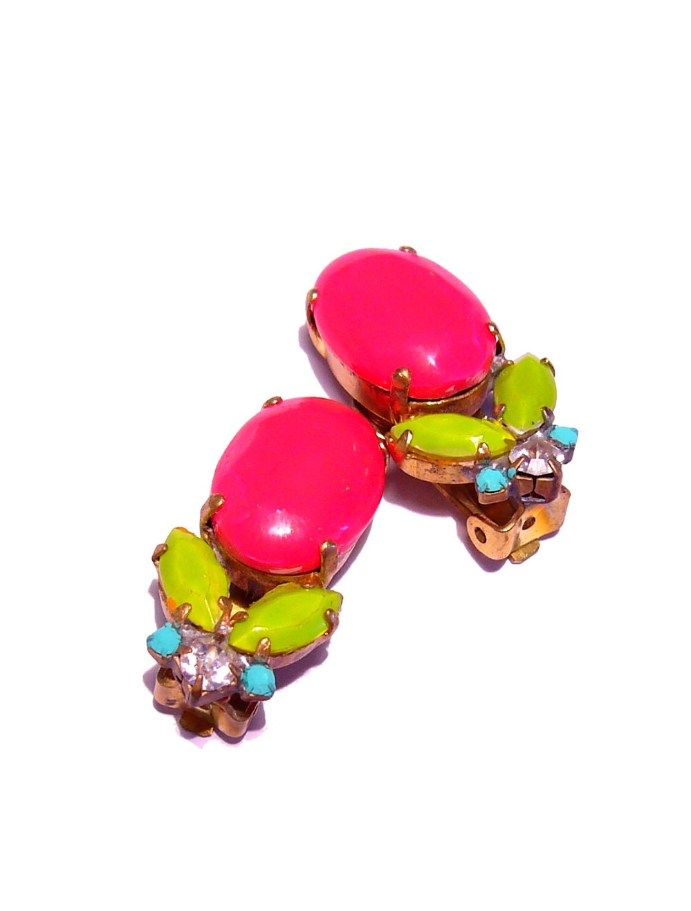 One of a Kind Neon Hand Painted Vintage Rhinestone Earrings - Spring Dream (ready to Ship)
