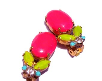 One of a Kind Neon Hand Painted Vintage Rhinestone Earrings - Spring Dream (ready to Ship)