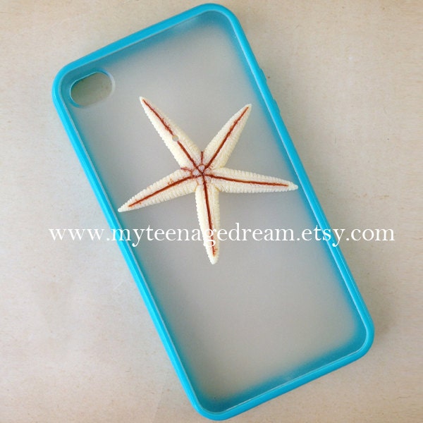 Iphone 4 Case, starfish iphone 4 case, whtie starfish iphone 4s Case, greenish blue side clear case