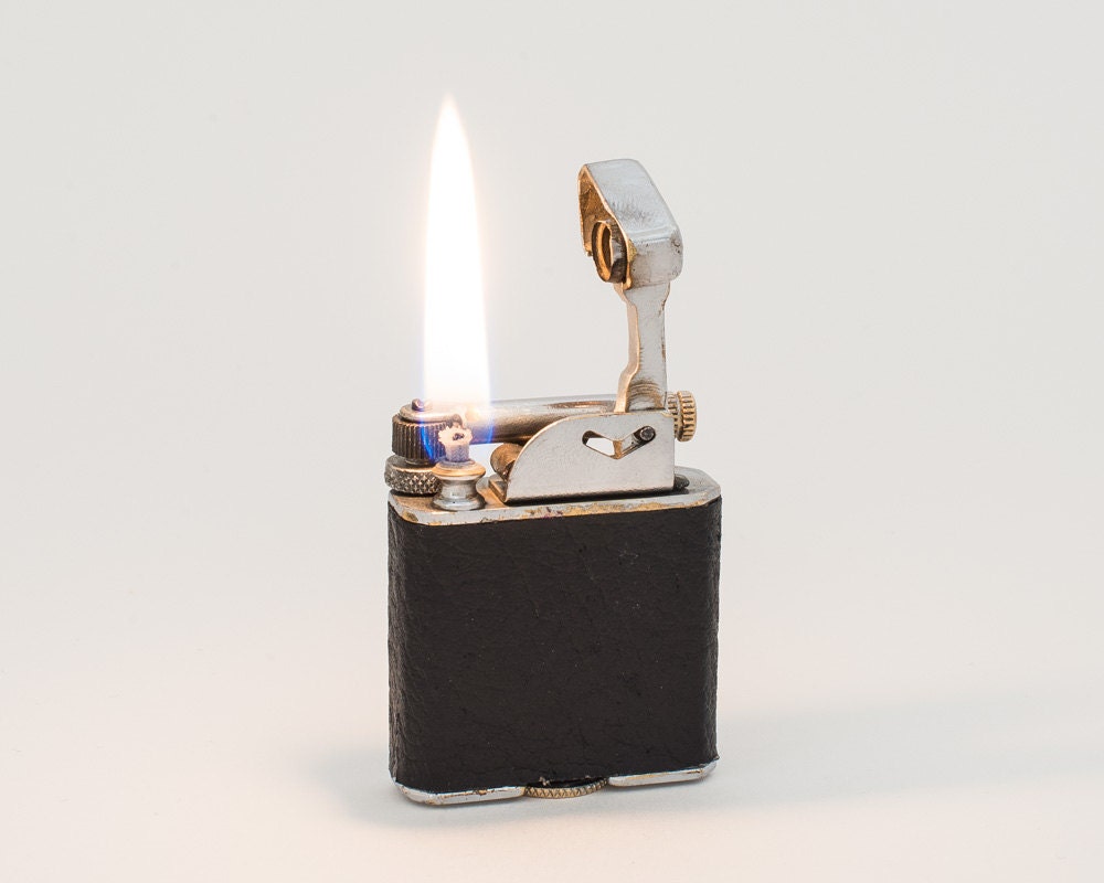 1930s British Polo Chrome Lift Arm Pocket Lighter With Leather Wrap
