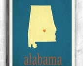 Alabama Typographic map art print customizable state poster wall decor location poster print teal red - 11x14 Typography