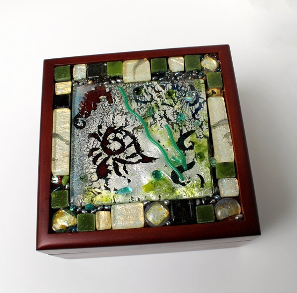 Under the sea fused glass mosaic, wooden jewelry box with dichroic glass, silver green