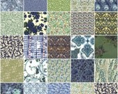 36 Liberty print blue and green charm squares, 5" patchwork squares