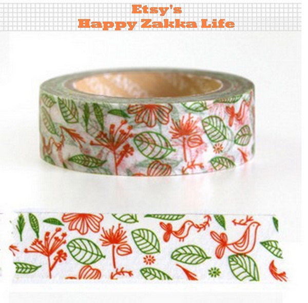 Japanese Washi Masking Tape - Birds and Leaves - 11 Yards