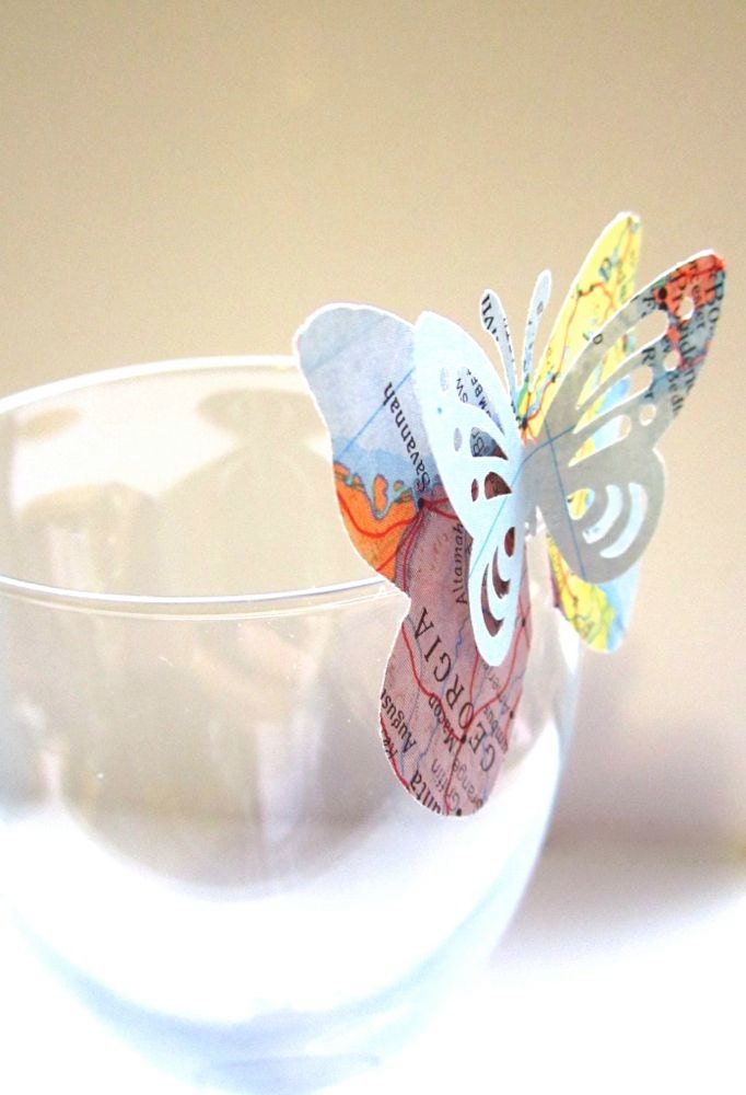 Butterfly Wine Glass Ornament, Butterfly Adornment, Butterfly, Map Butterfly, 25, Map Colors,To Set Atop Glasses, Vases, and Other Decor