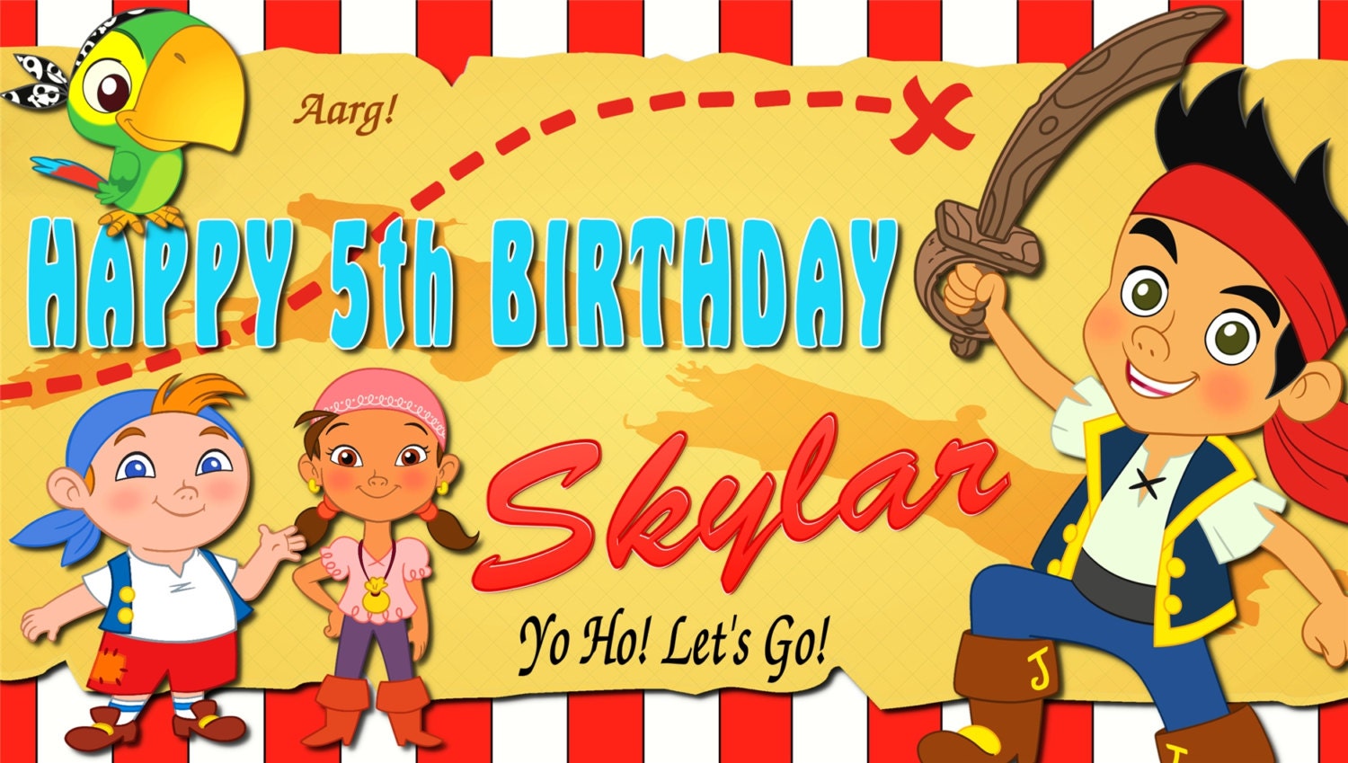 Jake and the Neverland Pirates Red, Blue or Pink Personalized Custom Vibrant Artist Vinyl Birthday Banner Party Decoration