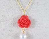 Coral Flower Necklace - Pearl Necklace - Coral Cabochon Rose - Bridesmaids jewelry - Bridal - Wedding