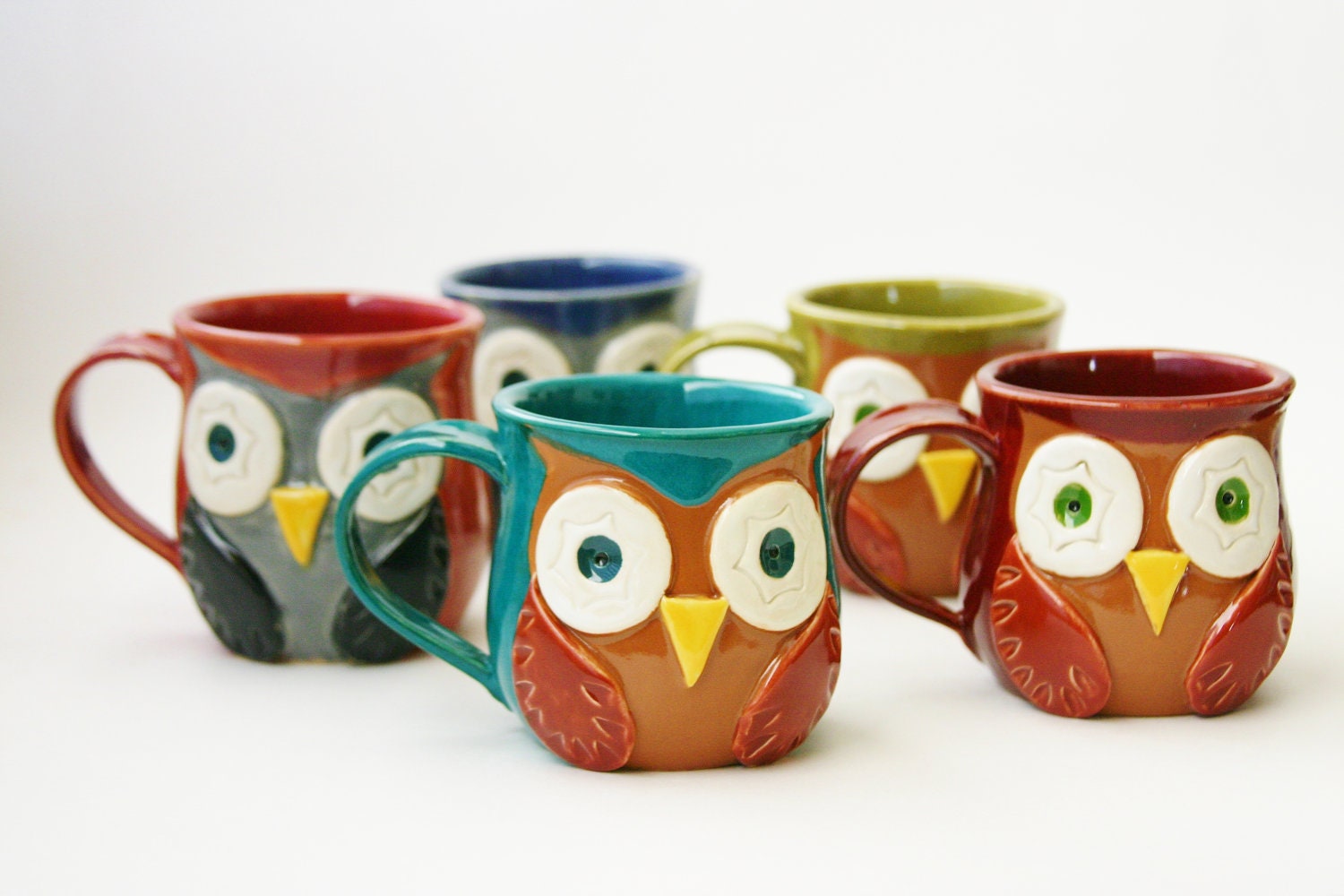 Mr. Owl Ceramic Mug - Choose Your Color - Retro Green Nautical Blue Rustic Red Vintage Plum - Original OOAK Design