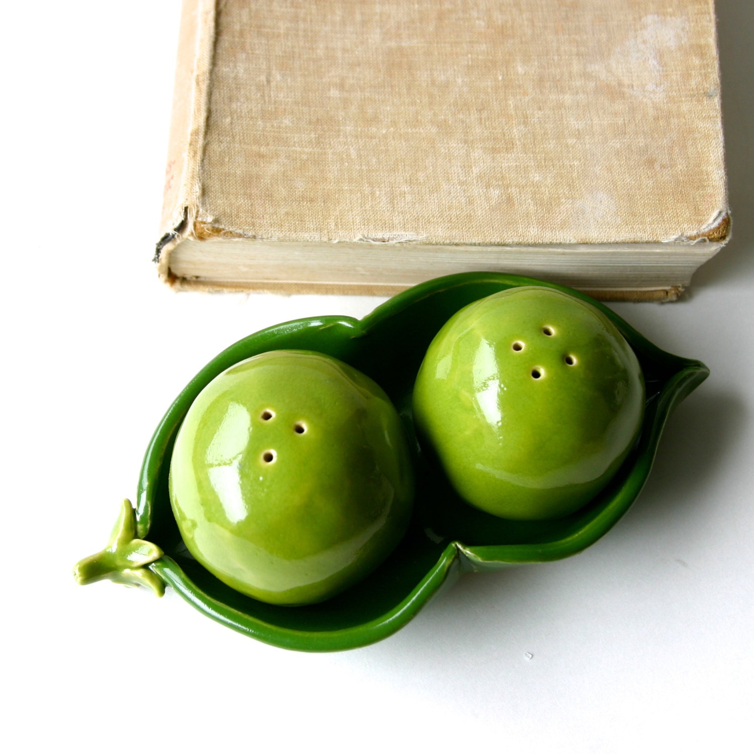 Pea in the Pod Salt & Pepper Shakers - Kitchen Table Home Decor - Handmade Sculptures - OOAK Bright Green