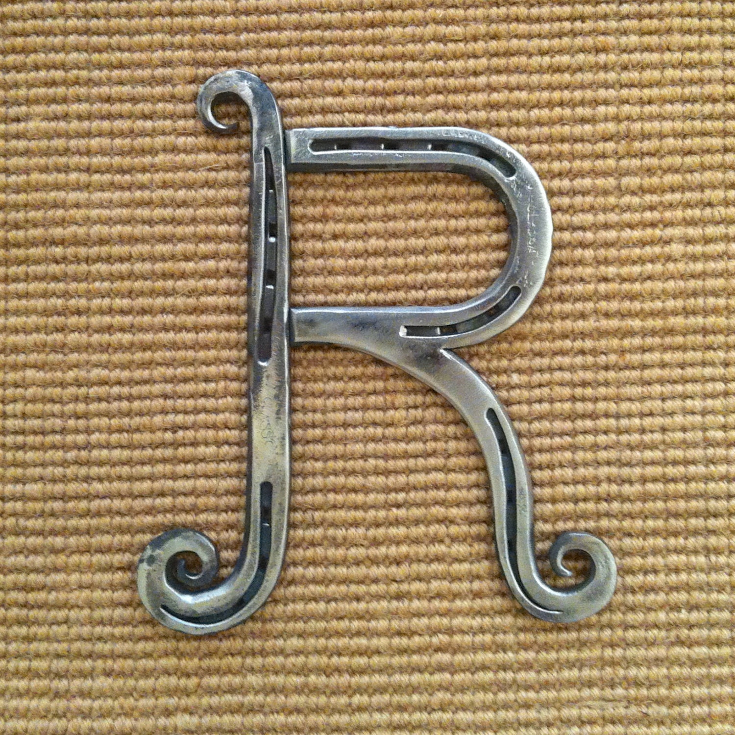 Personalized Horseshoe Letter R, forged fancy initial with serifs, date stamped included, 6 - 8" tall, MADE to ORDER