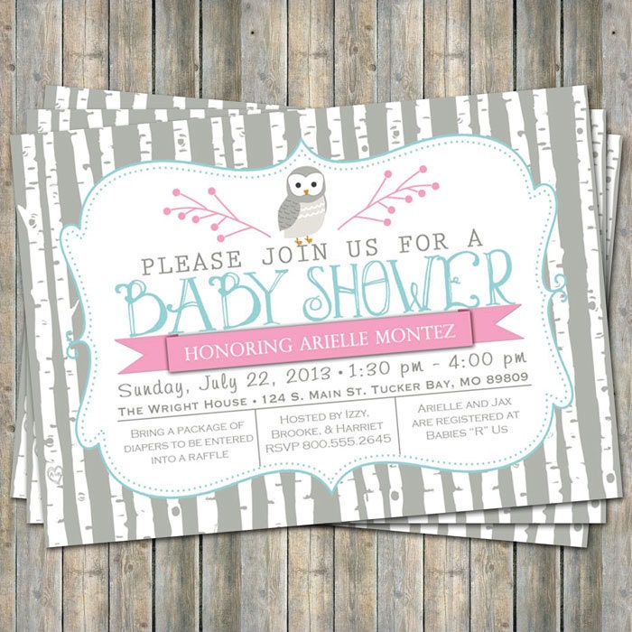 birch tree owl baby shower invitation, typography baby shower invitation, digital, printable file (any colors)