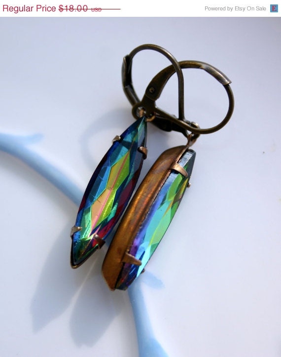 Summer Sale: Estate style Rainbow vitrail navette drop earrings