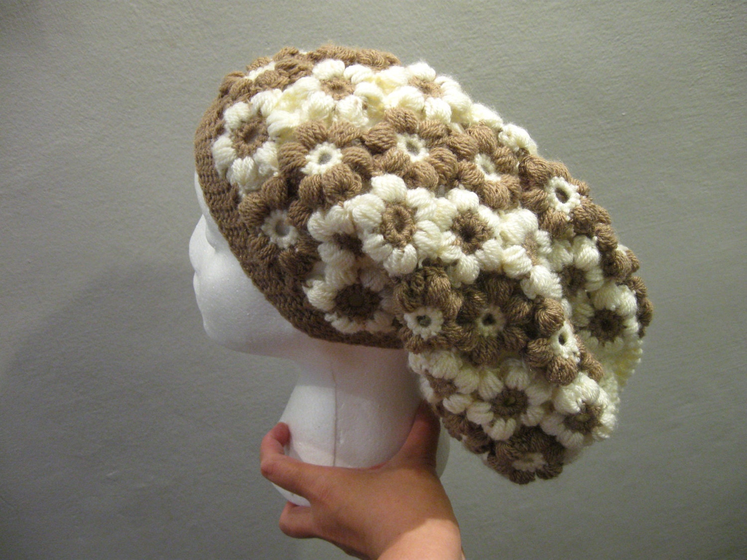 Flower Sloutch Hat - Flower Tam Hat - Brown and Cream
