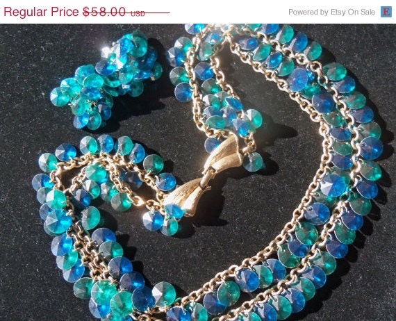 Vintage Blue Green Aqua Demi Parure Necklace Earring 1960's Jewelry Set Mad Men Mod Hollywood Regency Rockabilly Mid Century Modern