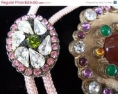 Vintage Pink White Ice & Green Rhinestone Pendant Pink Bolo Tie Necklace Rockabilly Mod 1950's Jewelry Retro Old Hollywood Glam
