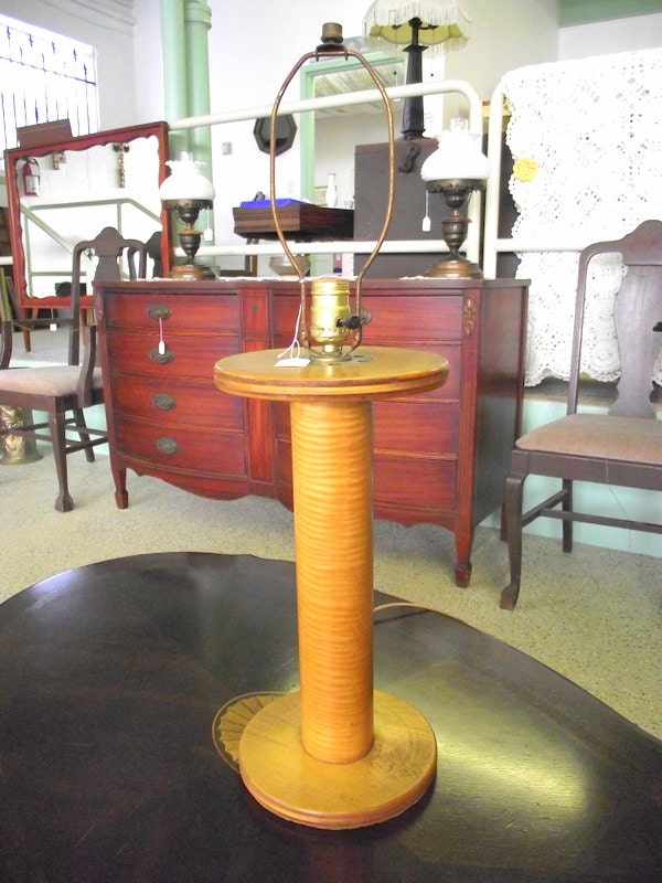 Industrial Textile Wood & Metal Spool Lamp - Re purposed to an Electric Table Light -2