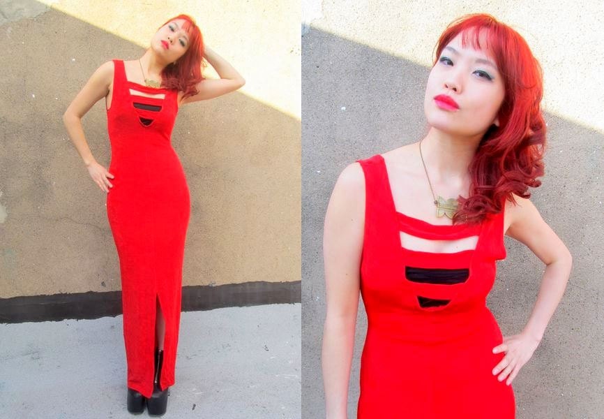80's Red Stretchy Bodycon Cutout Sexy Tight Maxi Dress