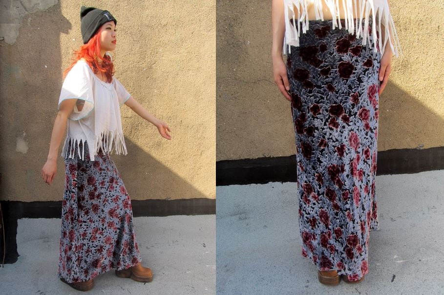 Floral Velvet Burnout Rose Hippie Grunge Maxi Skirt