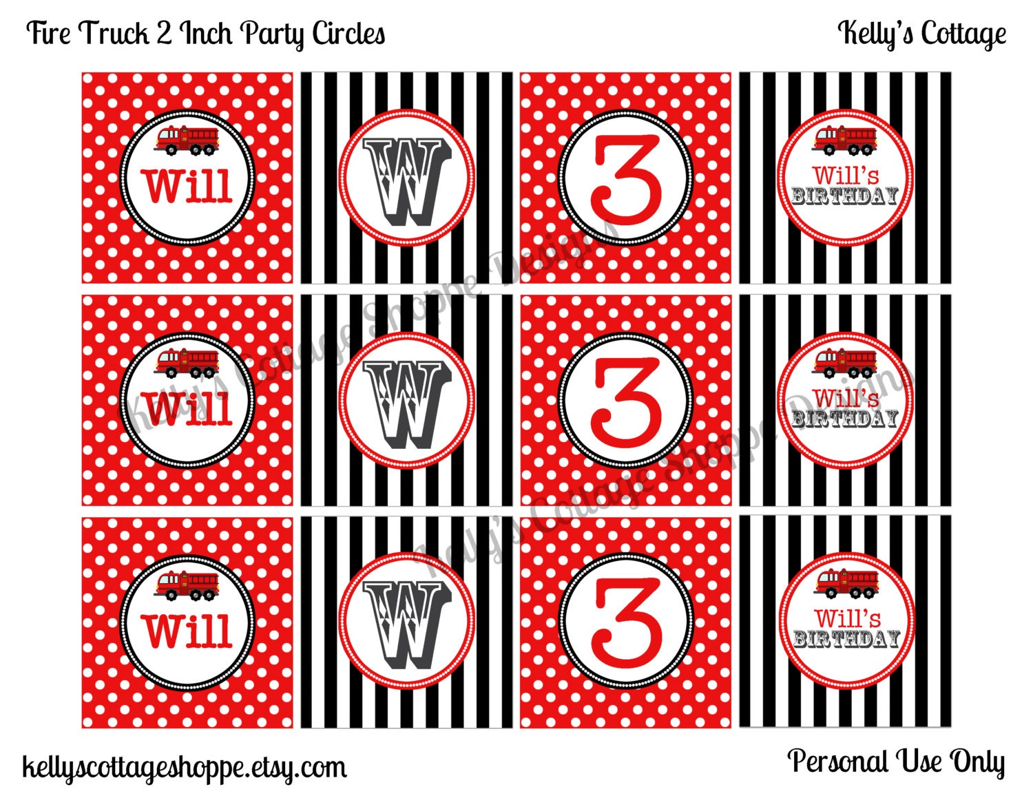 Fire Truck Birthday 2 Inch Party Circles... Custom, Printable.... Cupcake Toppers, Favor Tags, Decorative Circles Il_170x135