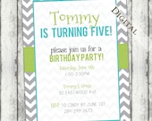 Chevron Boy Birthday Invitation digital, green blue and grey printable, birthday boy, birthday party invites printable (item108a)