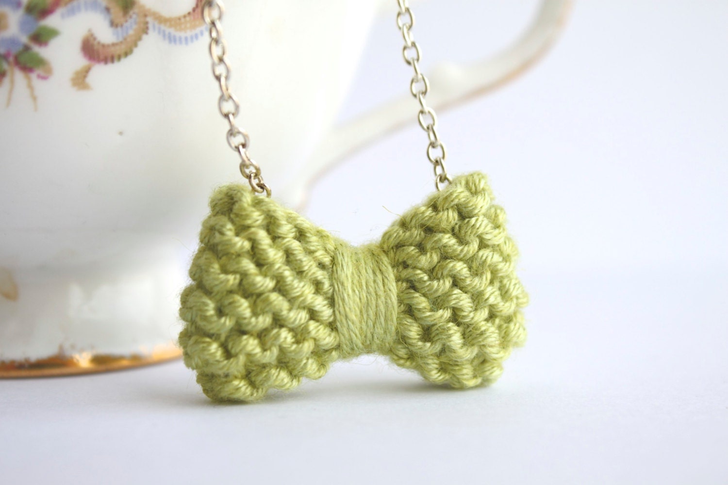 Bow Tie Necklace Knitted in Bamboo Yarn on Silver Chain