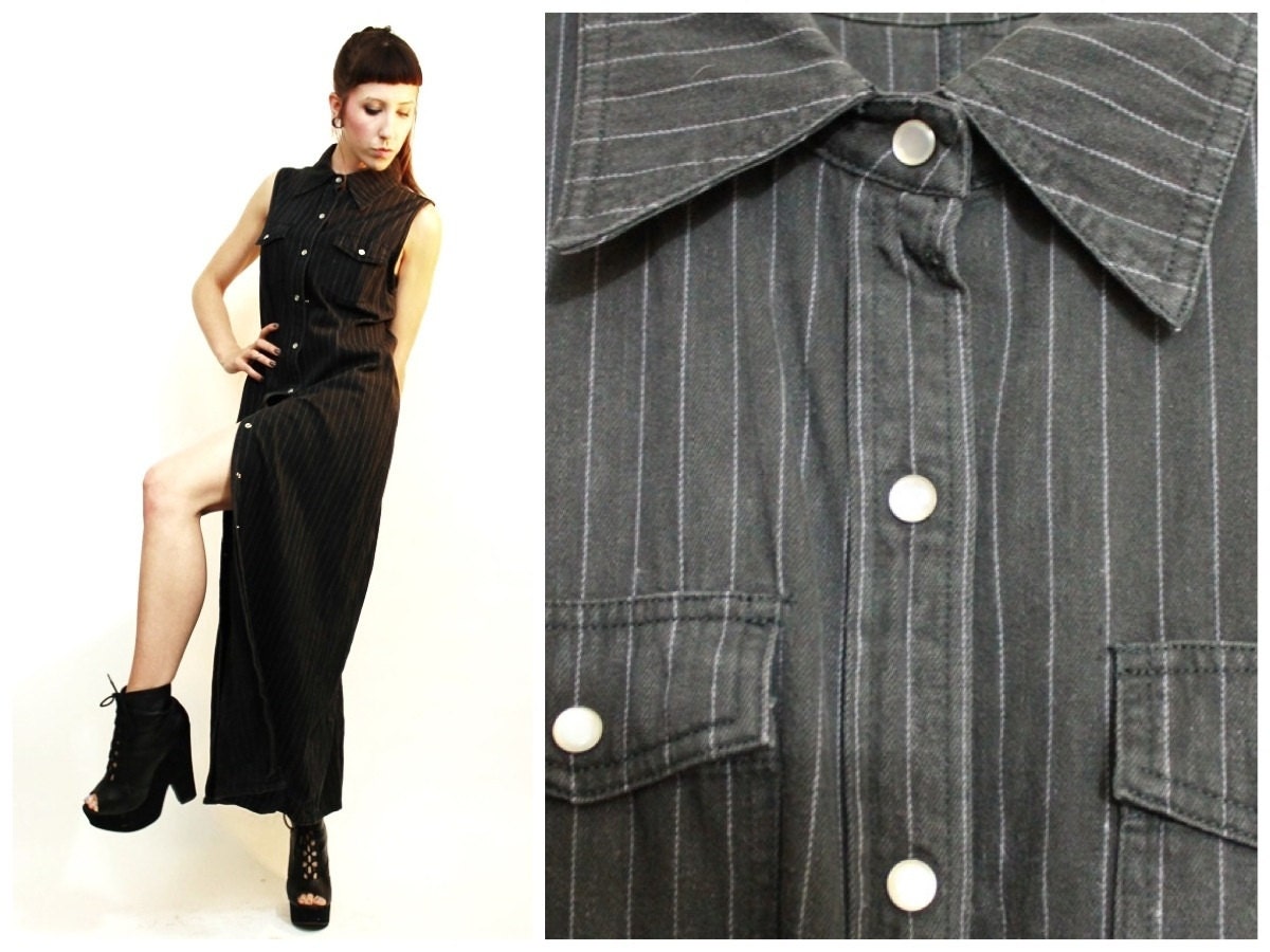 Vintage 90s Black Denim Pinstripe Duster Dress Vest