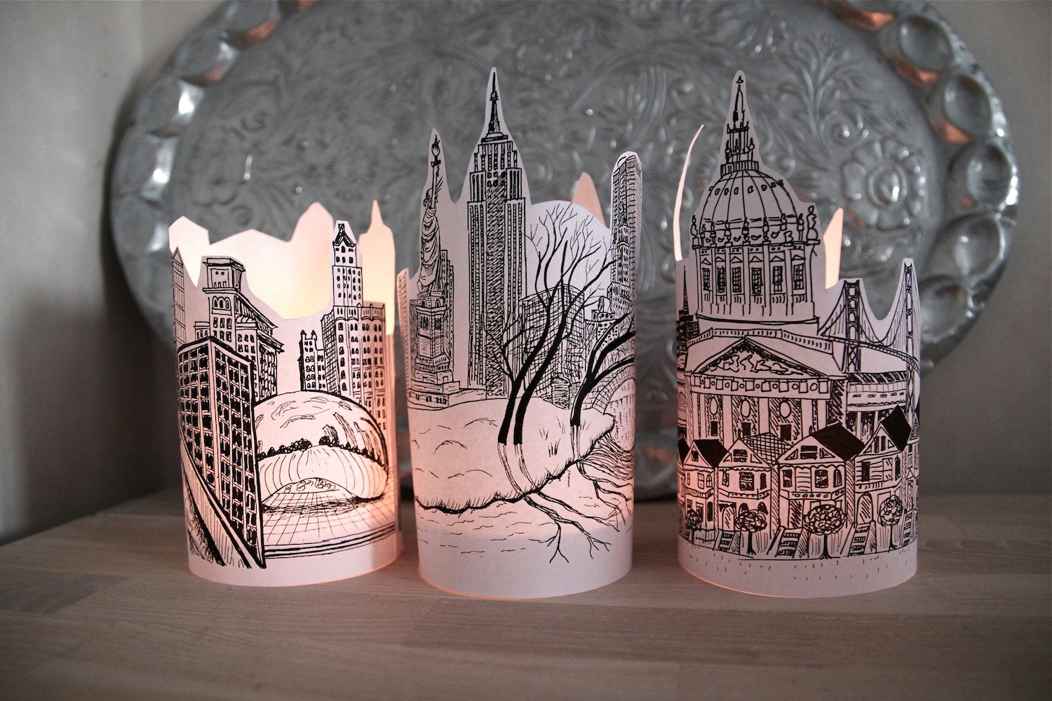 City Paper Lanterns Set of 6 lantern 2 New York, 2 Chicago, 2 San