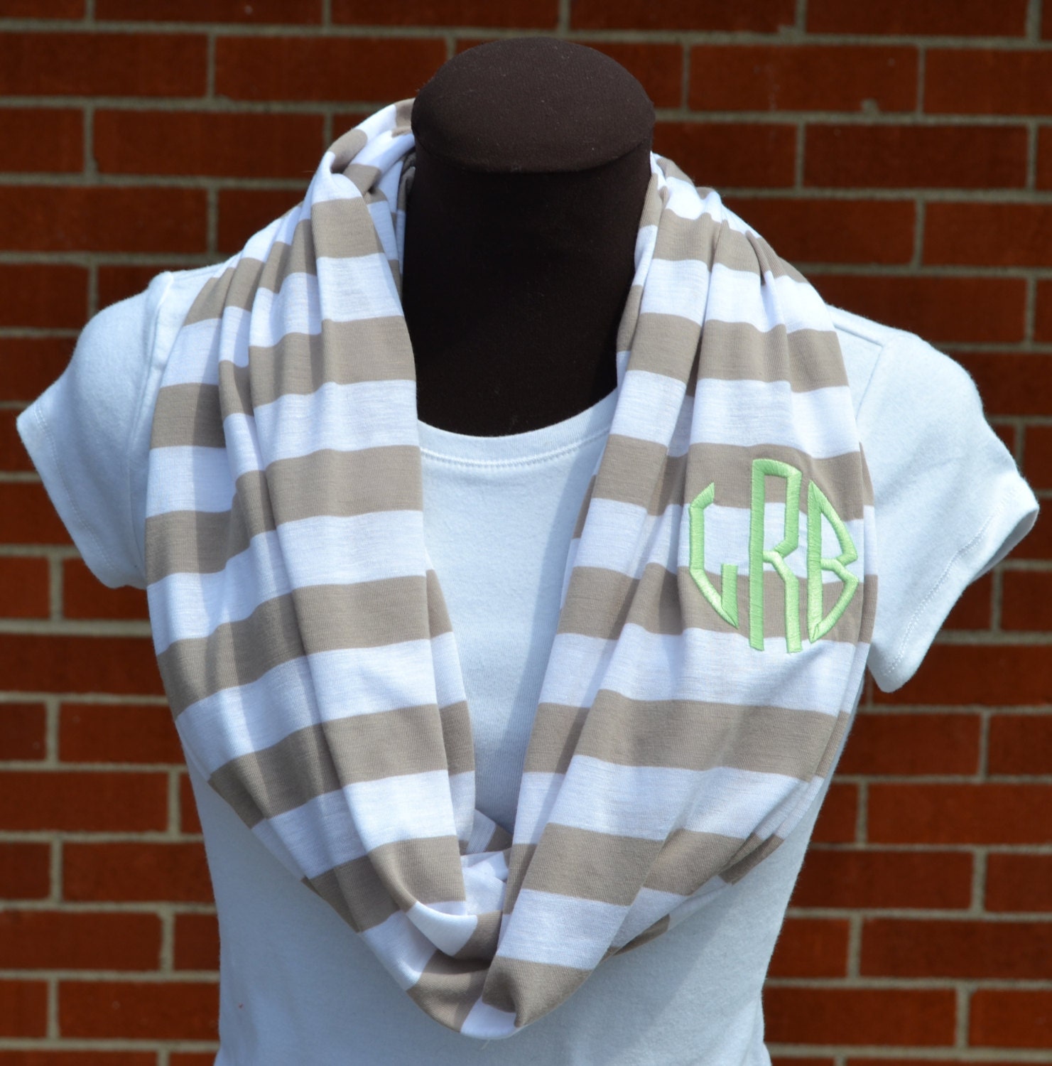 Monogrammed Infinity Scarf Tan and White Stripe Knit Jersey