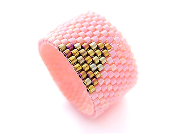 Coral Pink Ring, Gold Triangle Ring, Beaded Pink Ring, Geometric Ring, Gold Arrow Ring, Cleopatra Inspired, OOAK Handmade by JeannieRichard