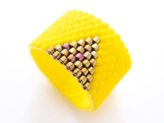 Yellow Beaded Ring, Gold Triangle Ring, Geometric Ring, Bold Statement Ring, Gold Triangle Ring, Cleopatra Style, OOAK by JeannieRichard