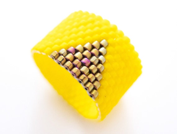 Yellow Beaded Ring, Gold Triangle Ring, Geometric Ring, Bold Statement Ring, Gold Triangle Ring, Cleopatra Style, OOAK by JeannieRichard