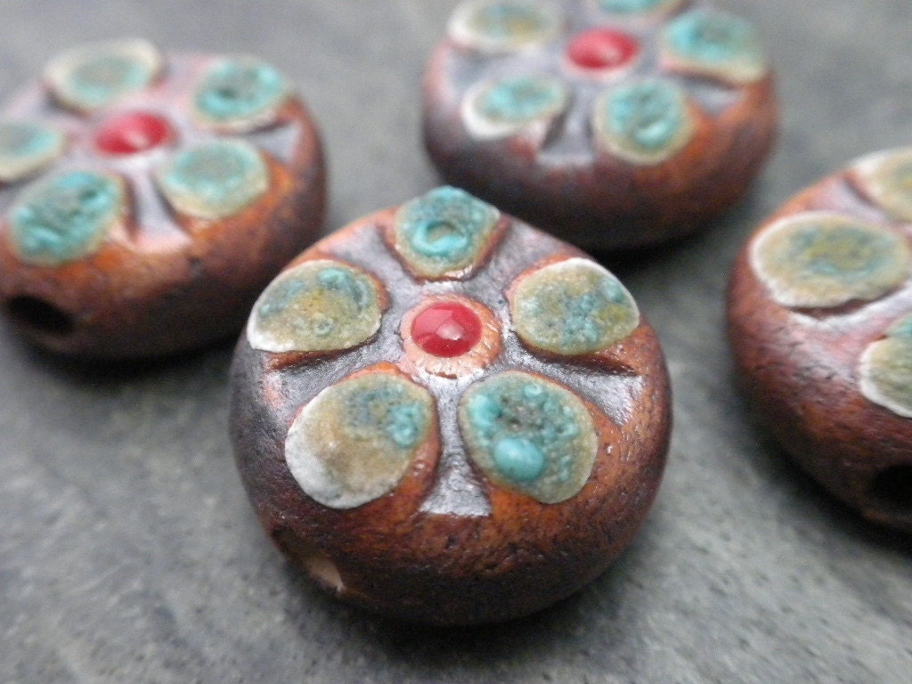 Rustic Bloom Beads- handmade small single ceramic flower bead red 3277