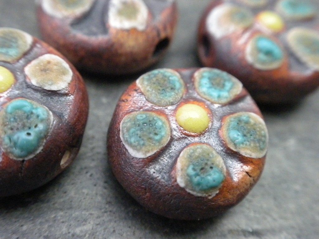 Rustic Bloom Beads- handmade small single ceramic flower bead sunny yellow 3280