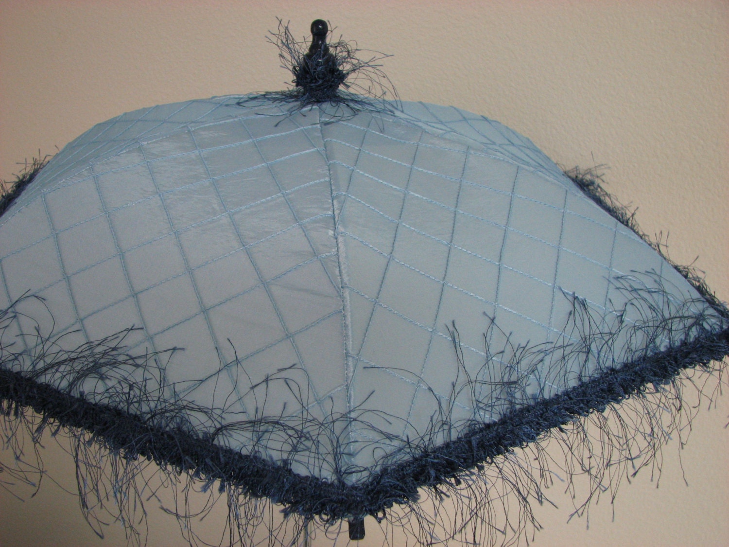 VICTORIAN PARASOL in Pale Blue Pintuck Diamond Taffeta and Embellished with Dark Blue Eyelash Fringe