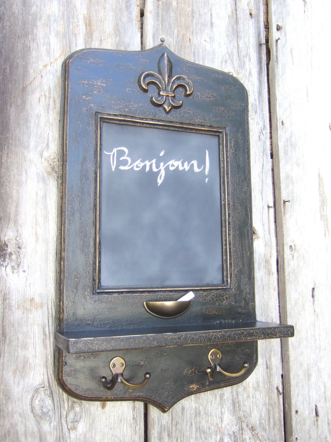Paris Apartment Black Message Center with Fleur de lis, Chalkboard, Key Hooks and Shelf - Ready to Ship