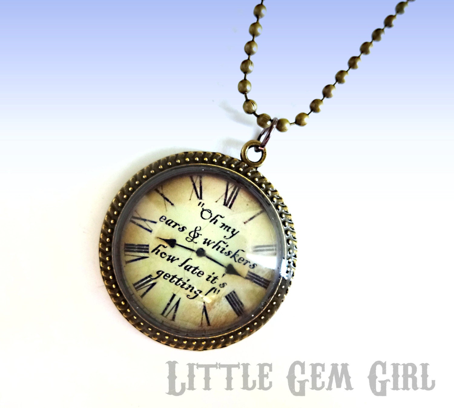 Alice in Wonderland Necklace White Rabbit Quote Clock Necklace - Vintage Style Antique Bronze Clock Pendant