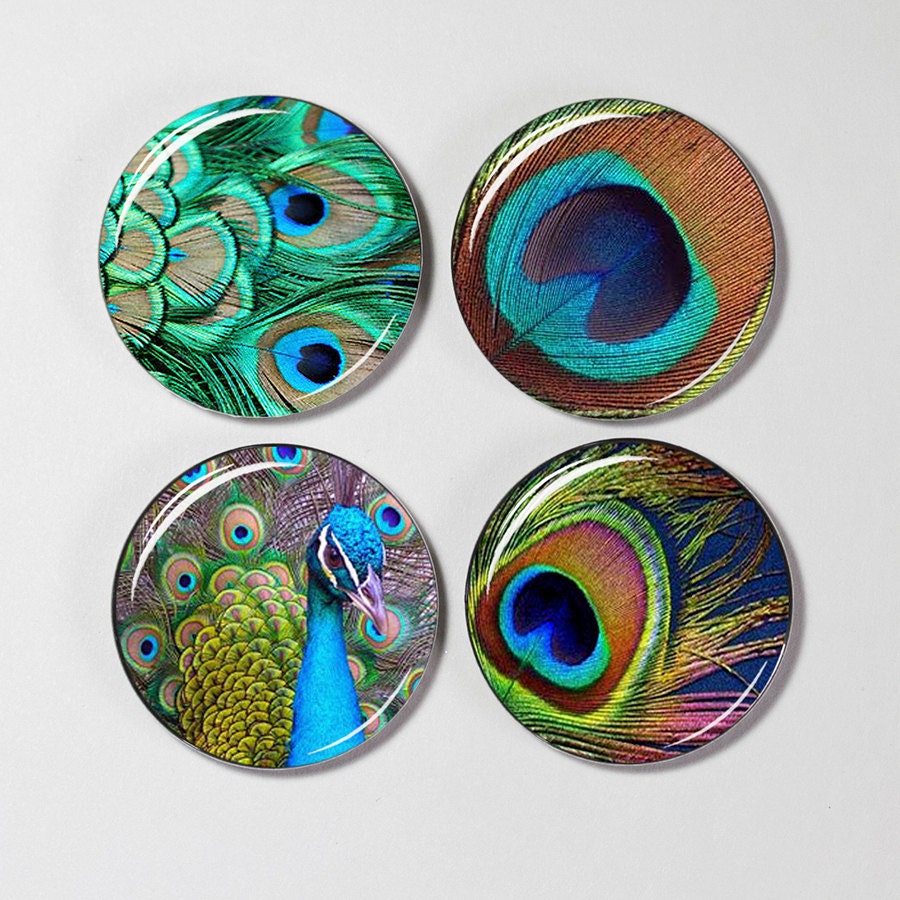 Magnetic Necklace Toppers, 4 Peacock Feathers, Magnet Topper Buttons, Interchangeable Magnet Pendant