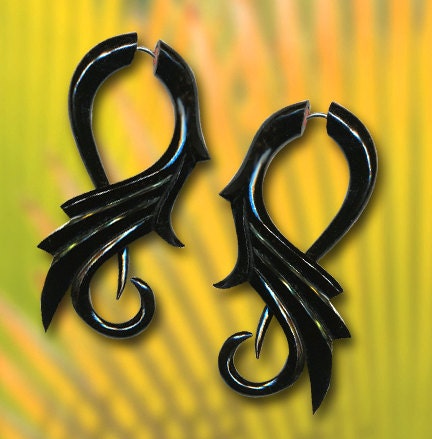 Fake Gauges - Tribal Feathers  - Organic Horn Earrings