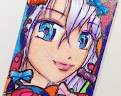 Original ACEO - Anime Manga Kawaii Purple Hair Girl - Ms. Cotton Candy - OOAK ATC Glitter Illustration - Copic Markers Stickers