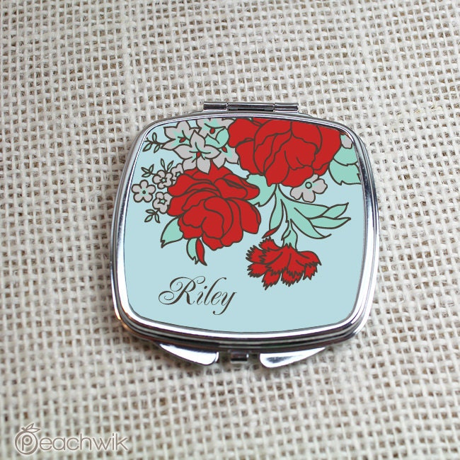 English Rose Compact Mirror - Red Flowers Pocket Mirror - Great for Bridesmaid, Birthday & Gifts, By Peachwik
