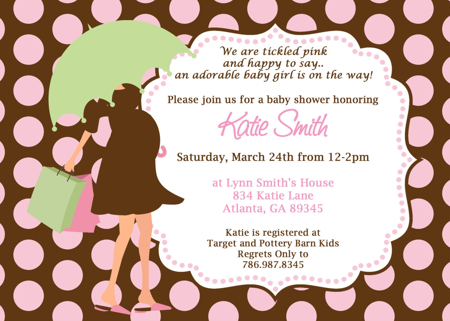Printable Polka Dot Modern Mom Baby Shower Invitation. Brown and Pink Baby Shower Invite. Il_570xn